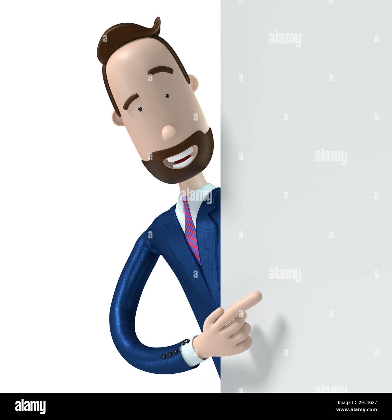 Bel fumetto uomo d'affari in piedi sul bordo del muro e puntando con un dito, sfondo bianco - illustrazione 3D Foto Stock