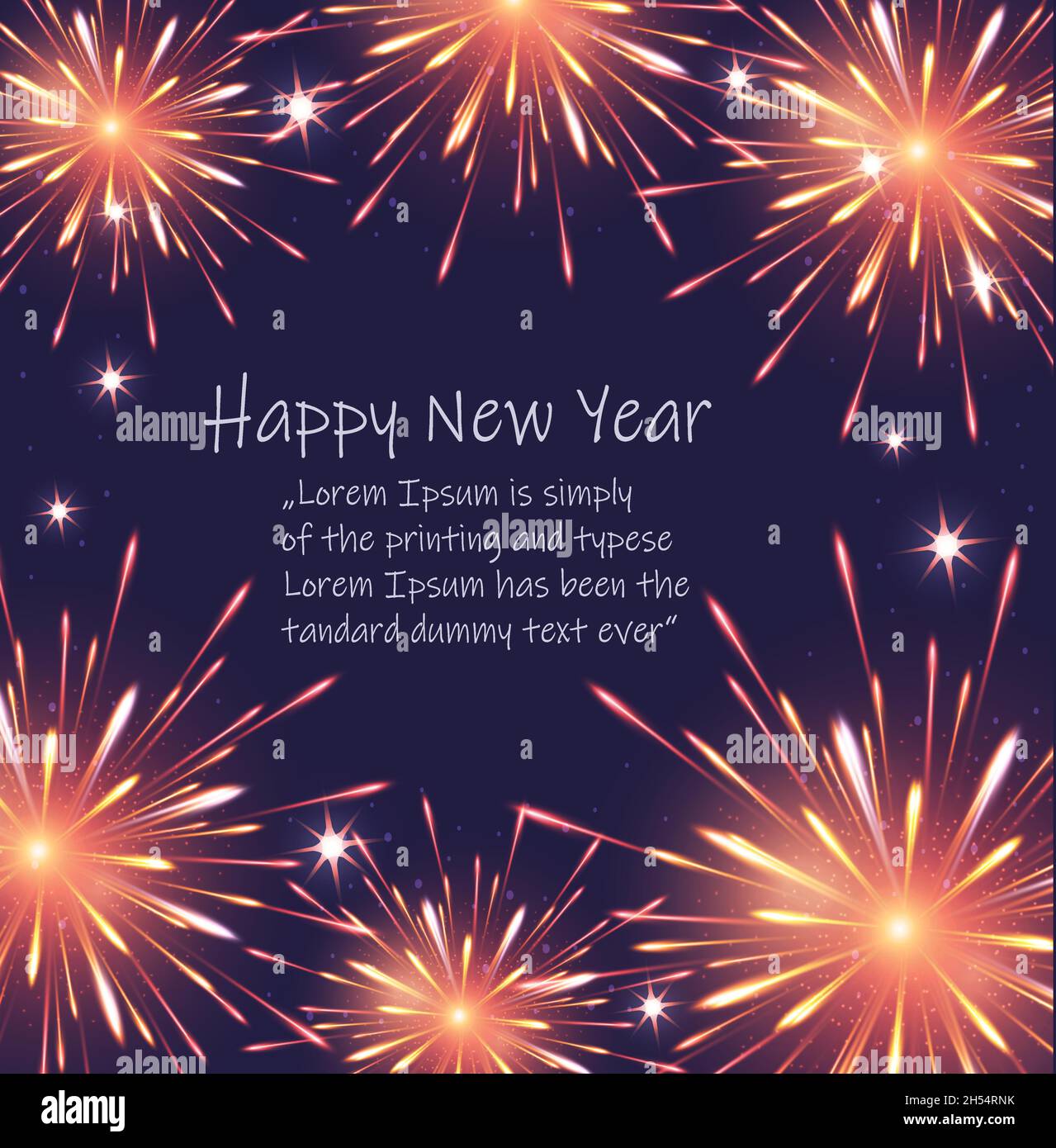 Felice anno nuovo, sfondo fuochi d'artificio, biglietto di auguri vettore Illustrazione Vettoriale
