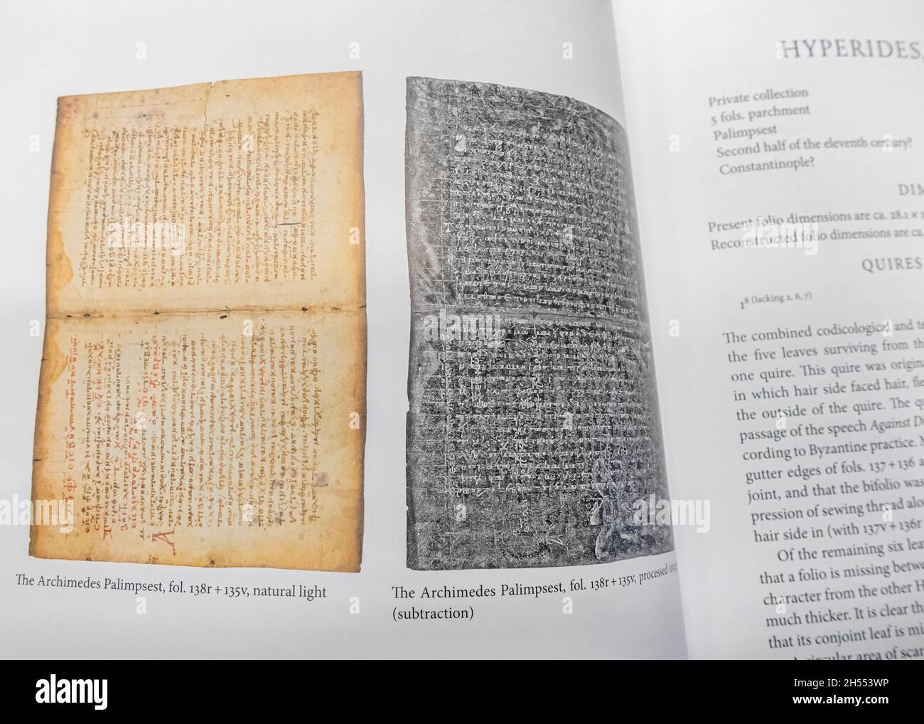 Il Palimpsest Archimedes, catalogo e pagine di commento dell'edizione stampa della Cambridge University Foto Stock