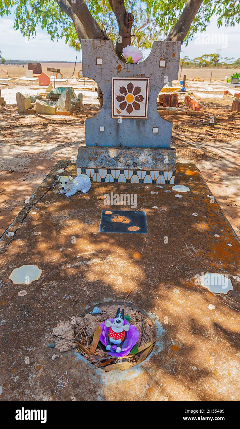 Tomba di un cane al Cimitero del cane di Corrigin, un'attrazione turistica popolare, Corrigin, regione di Wheatbelt, Australia Occidentale, WA, Australia Foto Stock