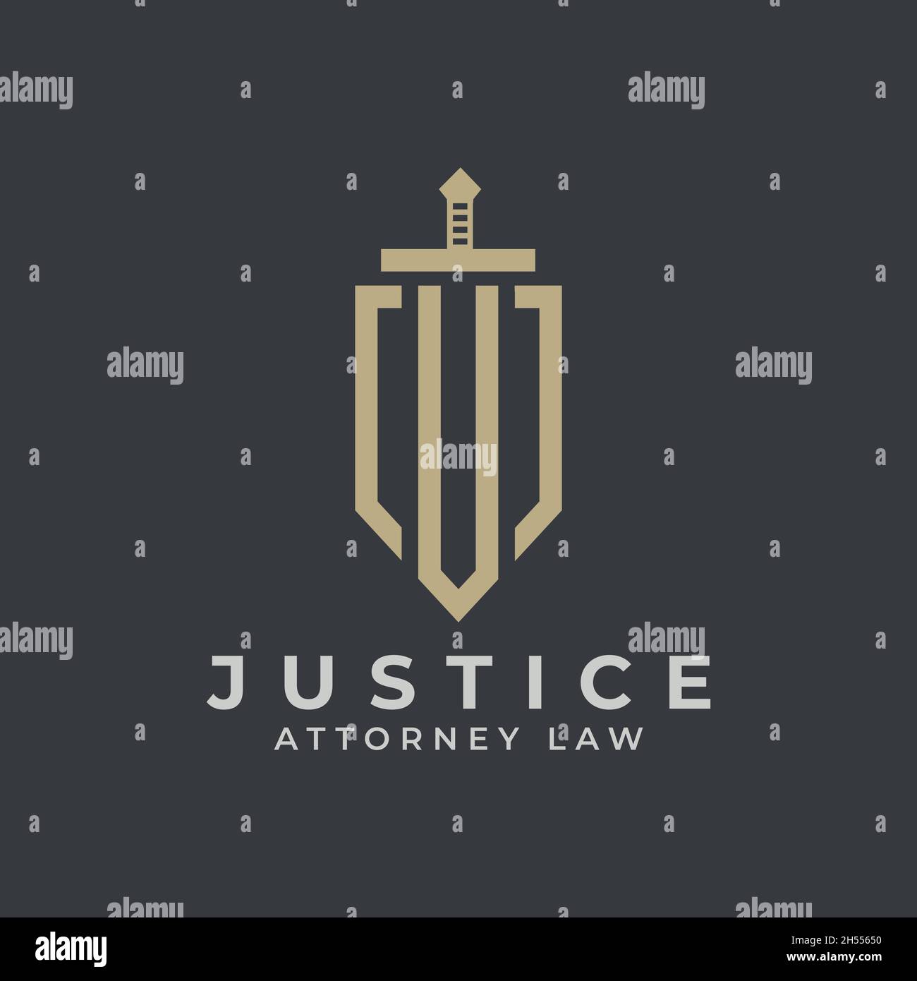 Universal law firm trend line vettoriale logo design, icona avvocato spada pilastro premium simbolo Illustrazione Vettoriale