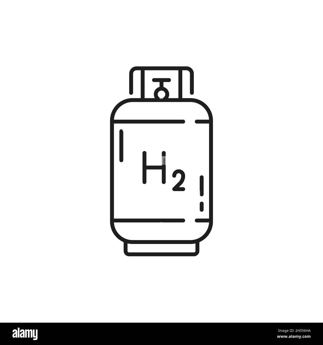 Icona a linea sottile isolata del serbatoio del gas idrogeno. Contenitore a cilindro vettoriale con gas h2 a energia verde, palloncino multiuso con liquido infiammabile. Co. Idrogeno Illustrazione Vettoriale