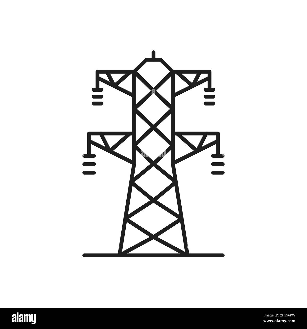 Icona a linea sottile isolata della torre reticolare e della linea di alimentazione aerea. Segnale vettoriale a linee di alimentazione delle torri di trasmissione a due fasi. Elettricità pilone struct Illustrazione Vettoriale