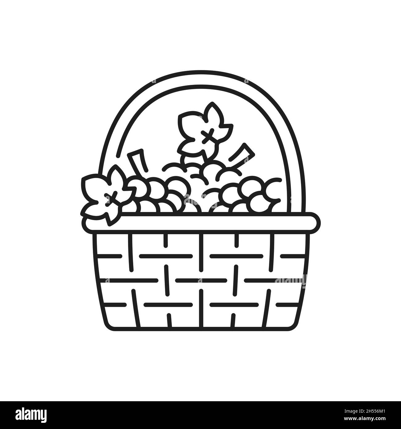 Cestino di uva isolato sottile icona linea. Cesto vettoriale d'annata con fiori e frutti primaverili o estivi, simbolo del Portogallo, segno di contorno. Illustrazione Vettoriale