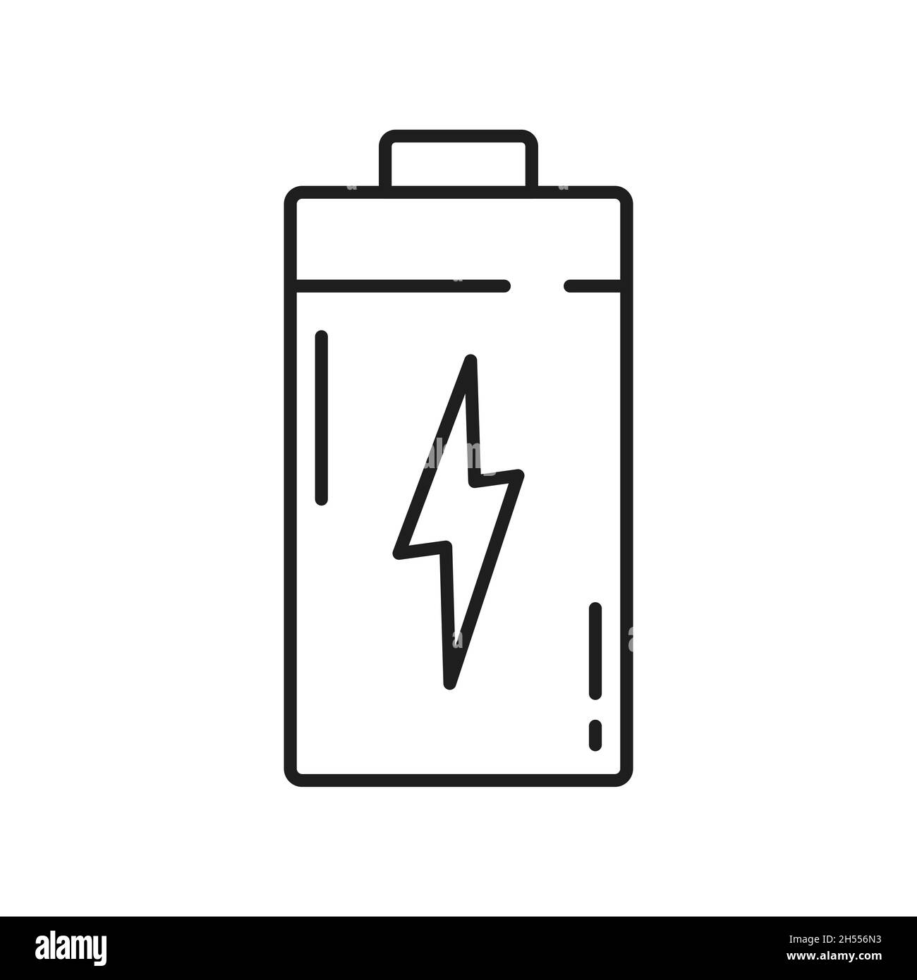 Icona della batteria con il segnale di alimentazione icona a linea sottile isolata. Flash vettoriale per illuminazione di tuono e bulloni, luce thunderbolt, cartello con contorno oggetto di ricarica. Rapido c Illustrazione Vettoriale
