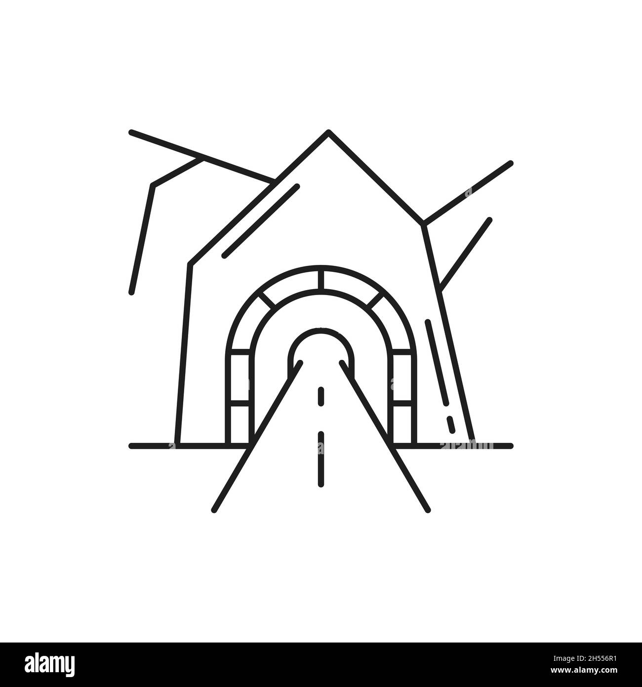 Tunnel con muratura in mattoni nelle Alpi svizzere o in Svizzera montagna isolato sottile linea icona. Vector Road tunnel, ingresso alla metropolitana, auto ad arco t Illustrazione Vettoriale