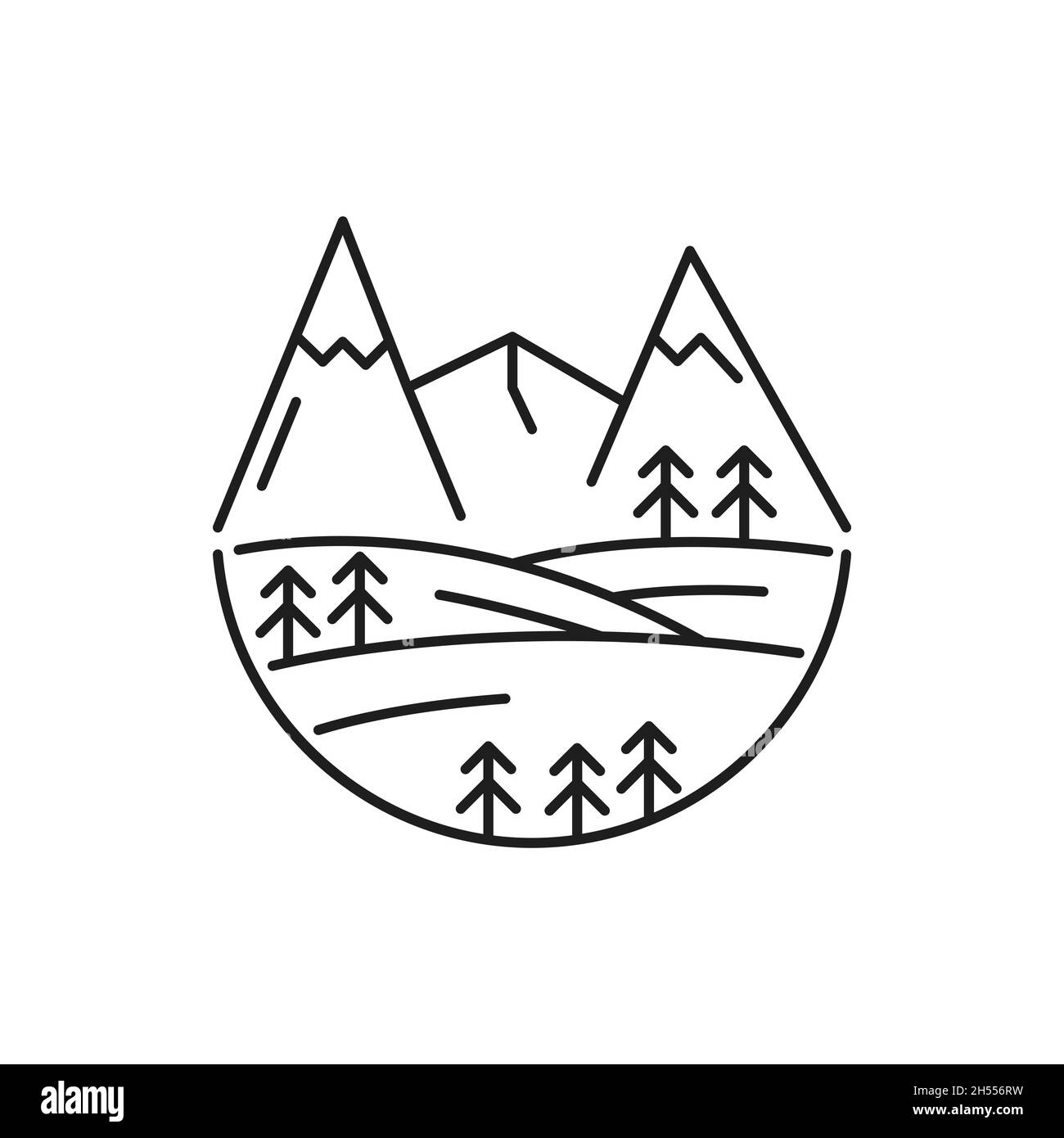 Paesaggio di montagna icona lineare isolato. Vettore linea sottile segno della natura, alto monte ghiaccio picco semplice simbolo. Percorso aereo con abeti, Svizzero Svizzero Illustrazione Vettoriale