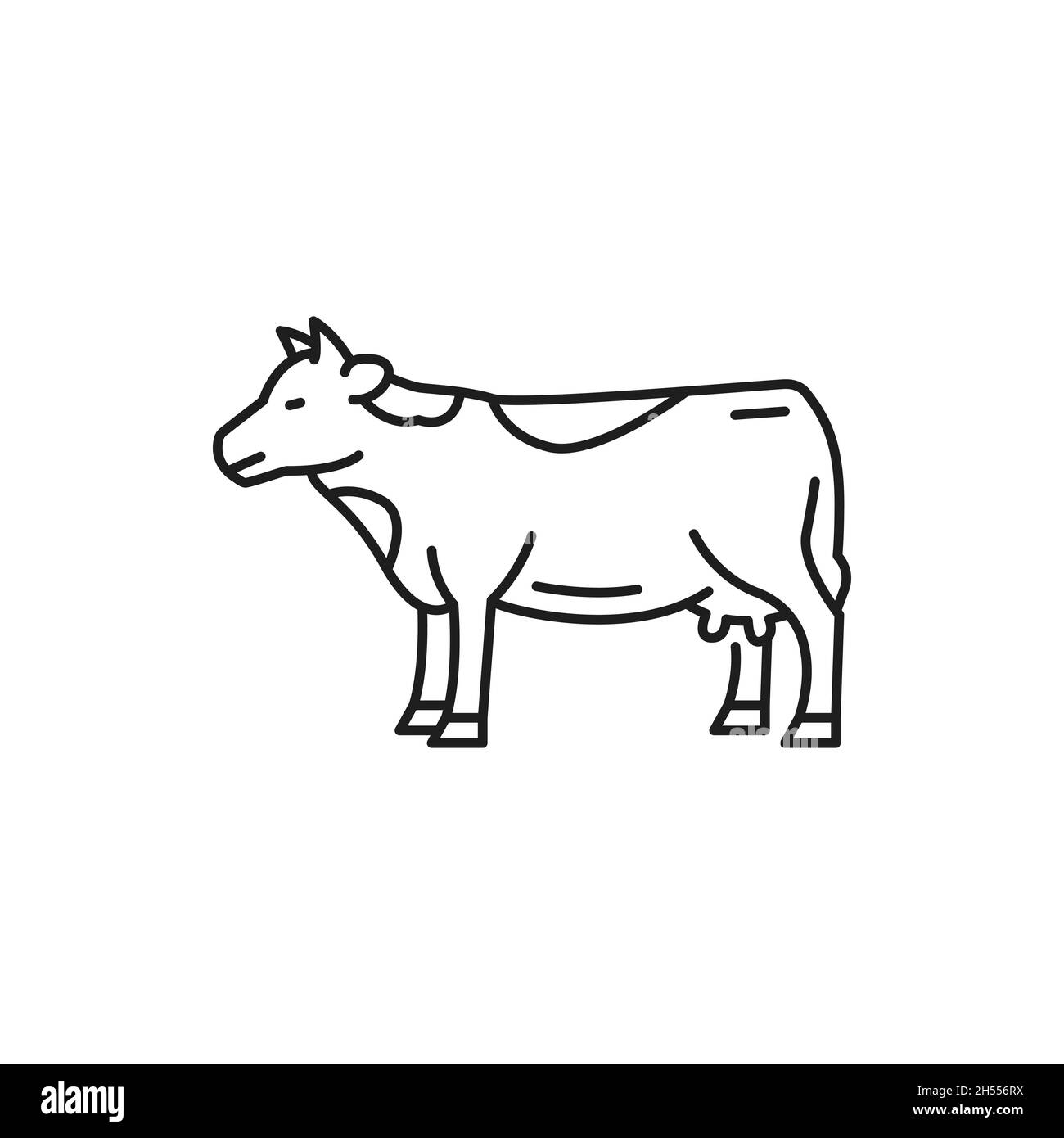 Allevamento di mucche alpine bestiame isolato giovenca animale sottile linea icona. Animale vistato vettore con corna piccole, ranch o ritratto di vitello fattoria. Carne bovina o v Illustrazione Vettoriale