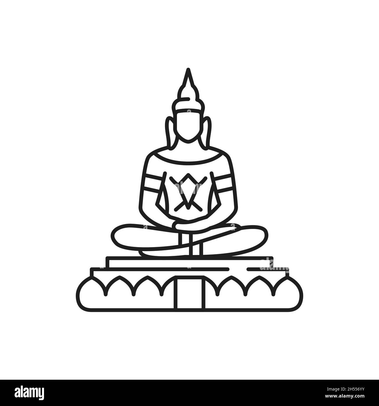 Buddha in meditazione statua d'oro isolato contorno icona. Simbolo vettoriale della religione thailandese, buddismo vacanza uomo spirituale in zen, spirito di meditazione Illustrazione Vettoriale