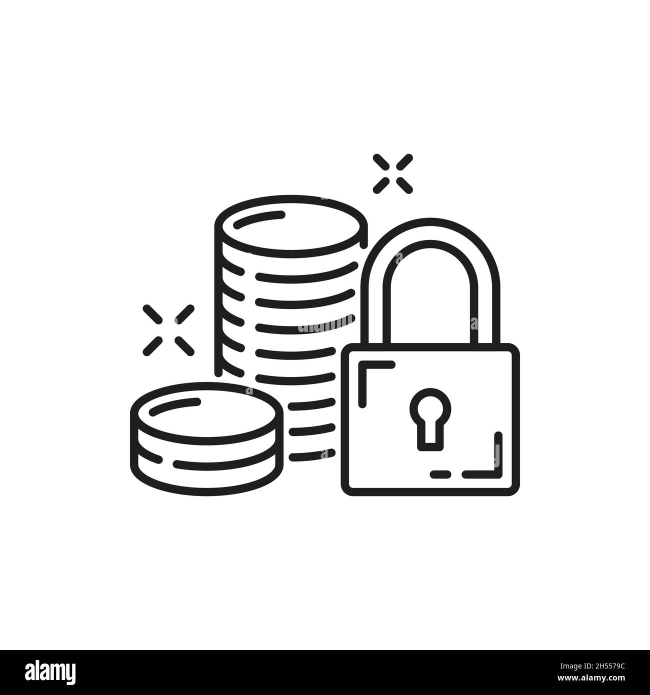 Pagamento e protezione del denaro isolato sottile icona linea. Il vettore finanzia la sicurezza, il risparmio e la chiusura dei depositi, la stabilità dell'assicurazione finanziaria. Denaro contante co Illustrazione Vettoriale