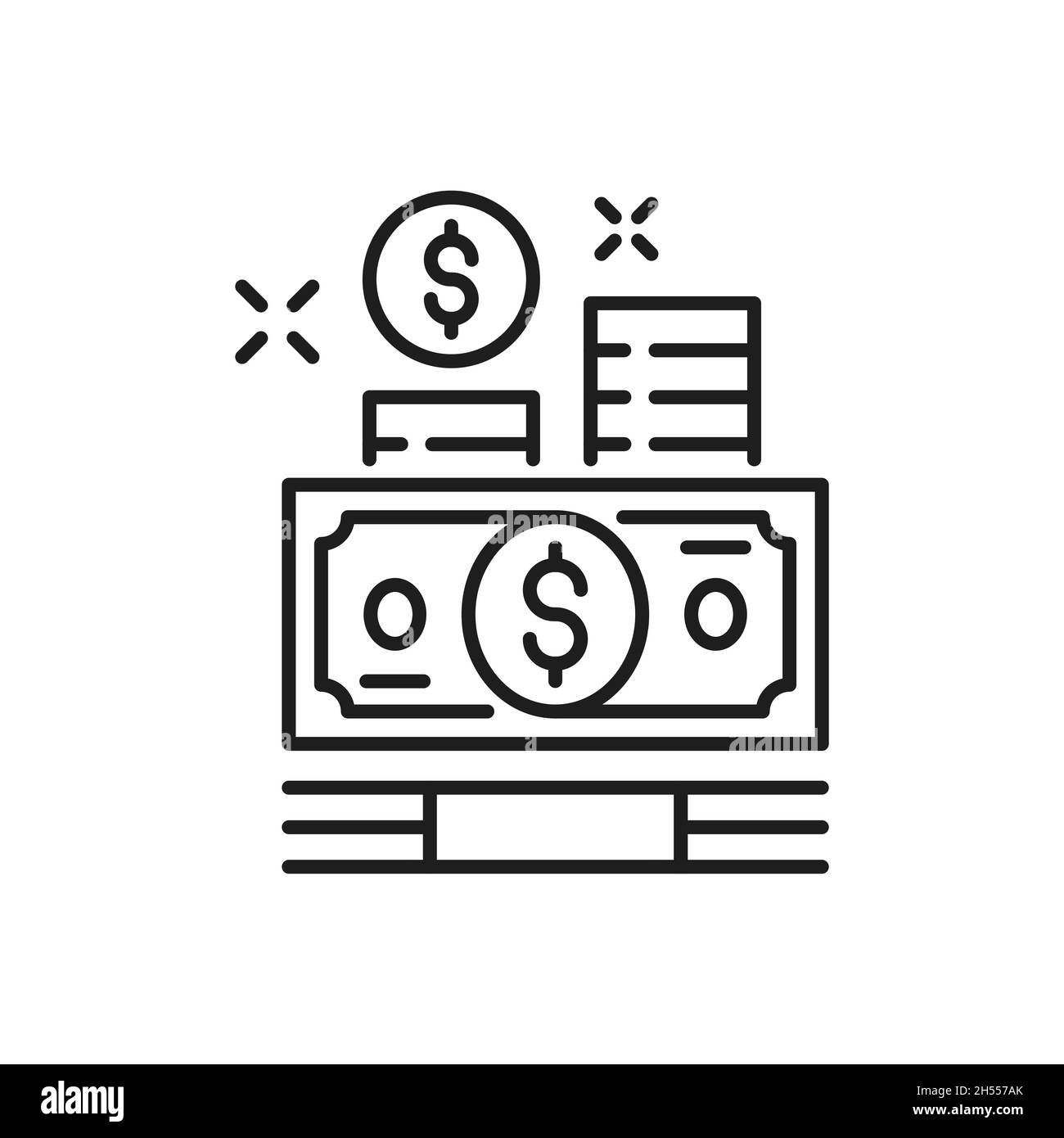 Carta fatture e monete, pagamenti di denaro isolato sottile icona linea. Pagamenti di beneficenza vettoriali, valuta e debito, utili aziendali. Banconote finanziarie, credi Illustrazione Vettoriale