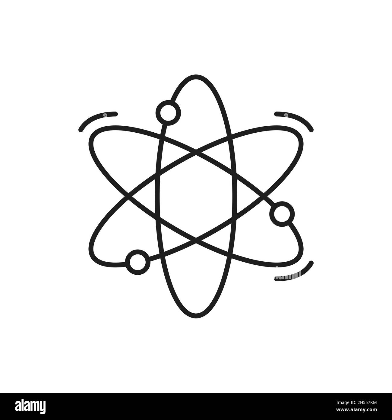 Struttura atomica molecolare Ricerca scientifica, chimica ed energia nucleare simbolo isolato sottile linea icona. Catena di atomi di fisica quantistica vettoriale, ne Illustrazione Vettoriale