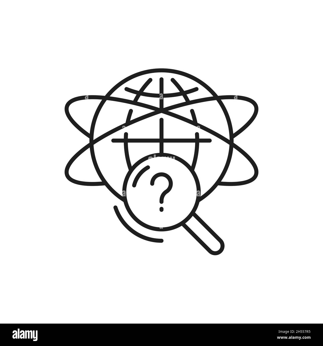 Punto interrogativo e globo mondo pianeta isolato sottile icona linea. Supporto di informazioni vettoriali a livello mondiale, marchio di interrogazione, soluzioni di ricerca per risolvere p Illustrazione Vettoriale