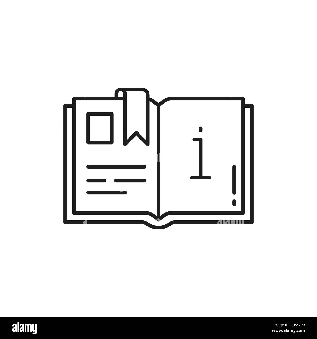 Libro o catalogo con cartello informativo, icona con linea sottile isolata. Libro di testo vettoriale o opuscolo con materiale educativo, segno di enciclopedia. Illustrazione Vettoriale