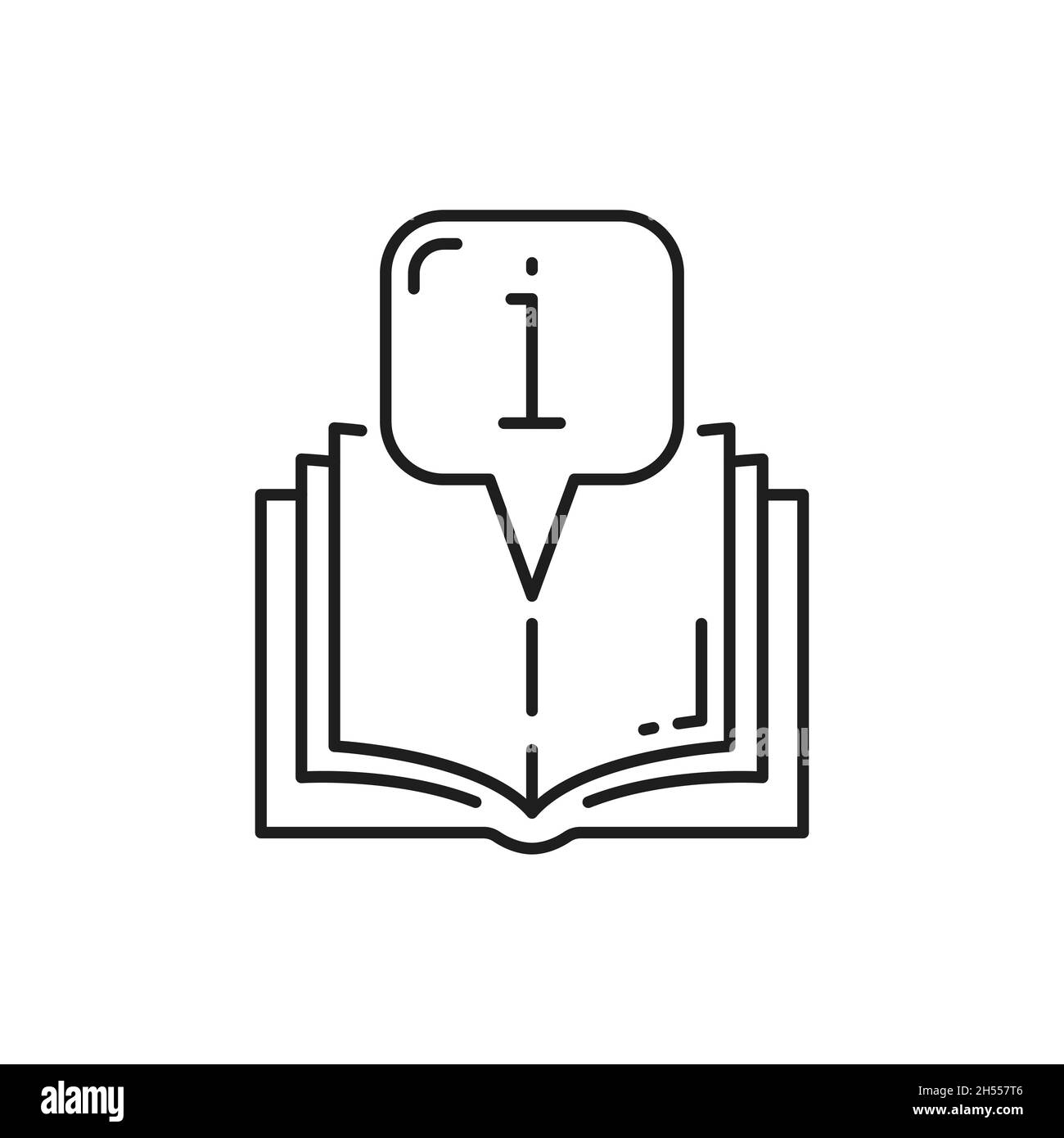 Apri il libro con il segno di informazione bolla isolato sottile icona linea. Catalogo vettoriale o rivista info e guida di istruzioni, manuale o brochure con edu Illustrazione Vettoriale