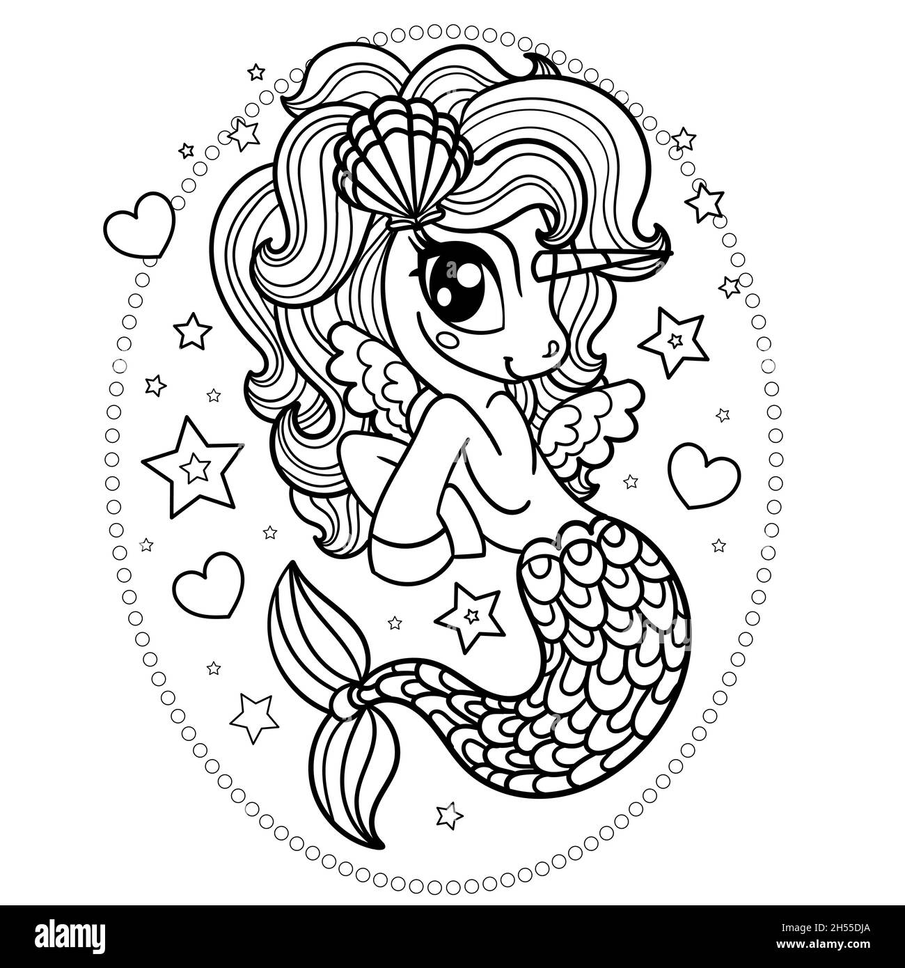 Simpatico unicorno di cavallucci marini. Disegno lineare in bianco e nero. Vettore Illustrazione Vettoriale