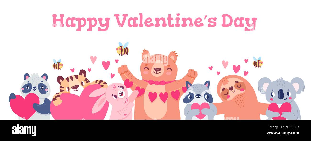 Banner di San Valentino con animali. Design con carino orso, panda, koala, api e coniglietto tenendo cuori. Cartoon amore vacanza vettore poster Illustrazione Vettoriale