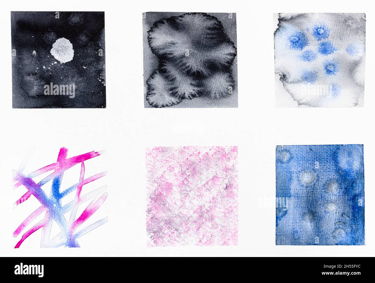 esempi di varie tecniche di pittura ad acquerello disegnate a mano su carta bianca testurizzata Foto Stock