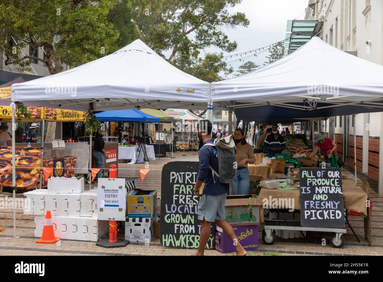 Manly Beach Farmers food Market a Sydney, le procedure di check in sono operative a causa del covid 19, Sydney, Australia Foto Stock