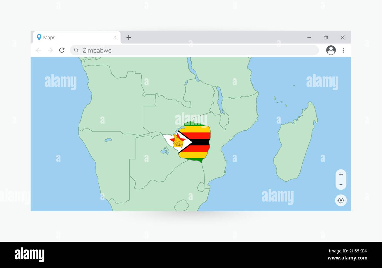 Finestra del browser con la mappa dello Zimbabwe, ricerca in Zimbabwe in internet. Moderno modello di finestra del browser. Illustrazione Vettoriale