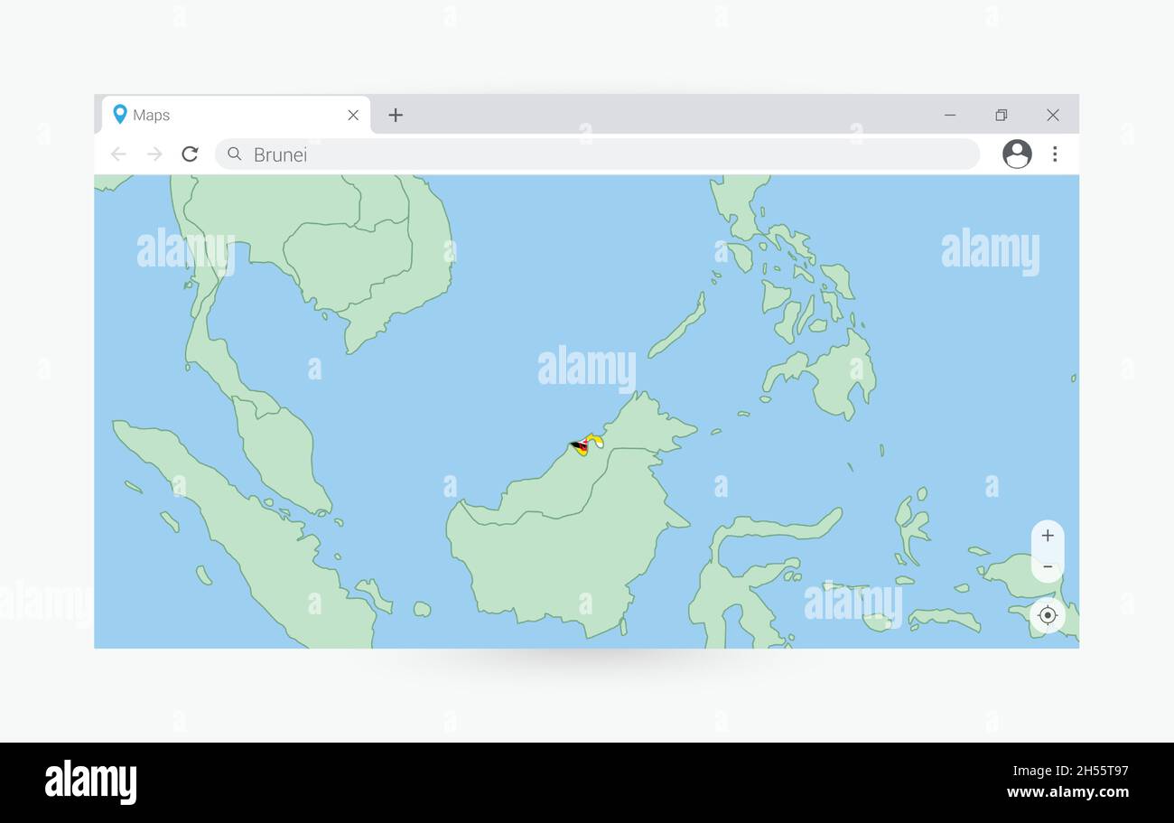 Finestra del browser con mappa di Brunei, ricerca Brunei in internet. Moderno modello di finestra del browser. Illustrazione Vettoriale