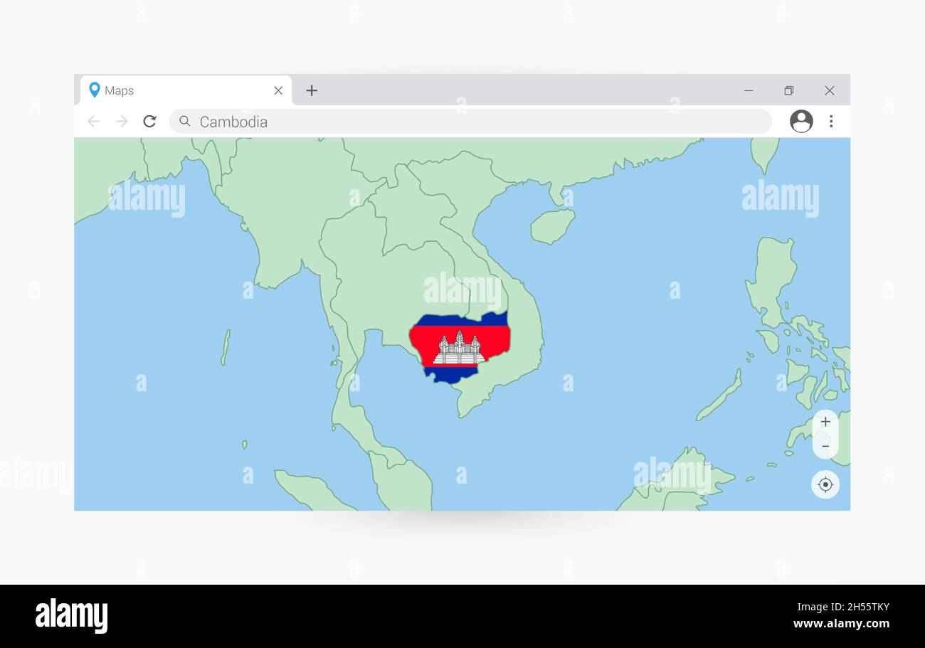 Finestra del browser con la mappa della Cambogia, ricerca Cambogia in internet. Moderno modello di finestra del browser. Illustrazione Vettoriale