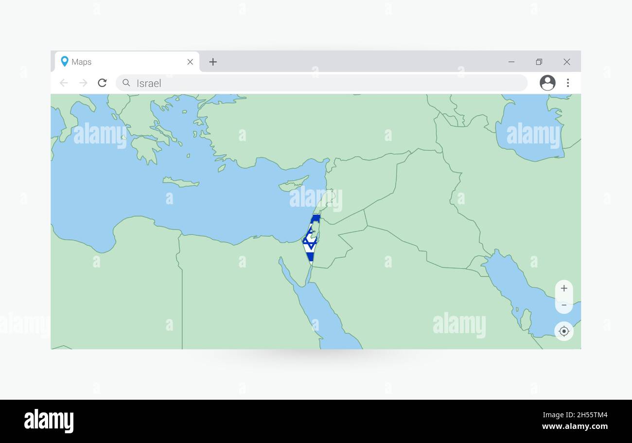 Finestra del browser con mappa di Israele, ricerca Israele in internet. Moderno modello di finestra del browser. Illustrazione Vettoriale