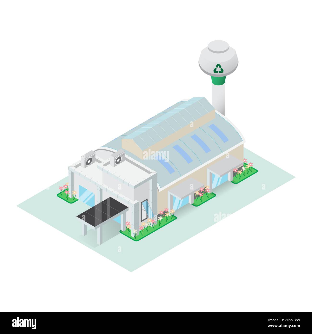 Fabbrica di riciclaggio isometrico per la costruzione di impianti industriali e stoccaggio in magazzino. Elemento infografico che rappresenta su schermo bianco Illustrazione Vettoriale