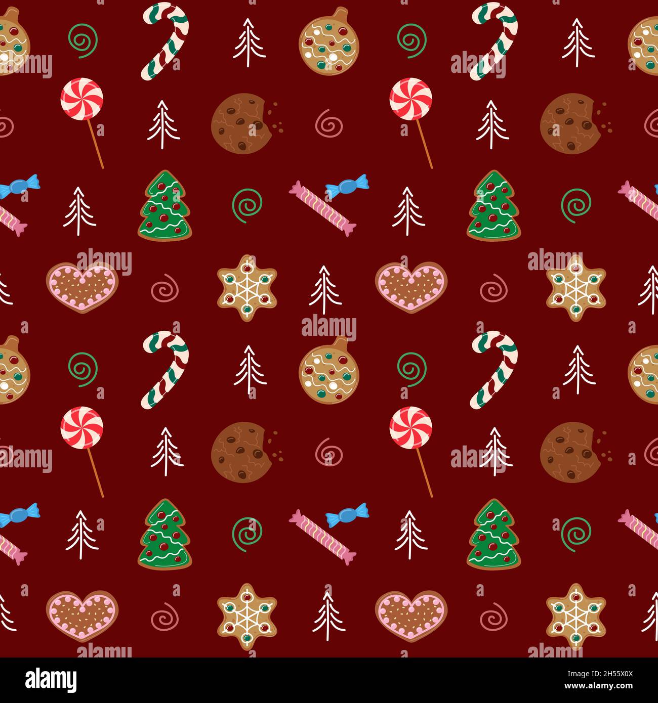 Modello vettoriale dolci di Natale. Dessert di Capodanno su sfondo rosso. Perfetto sfondo per le vacanze con lecca lecca, caramelle e biscotti. Illustrazione Vettoriale