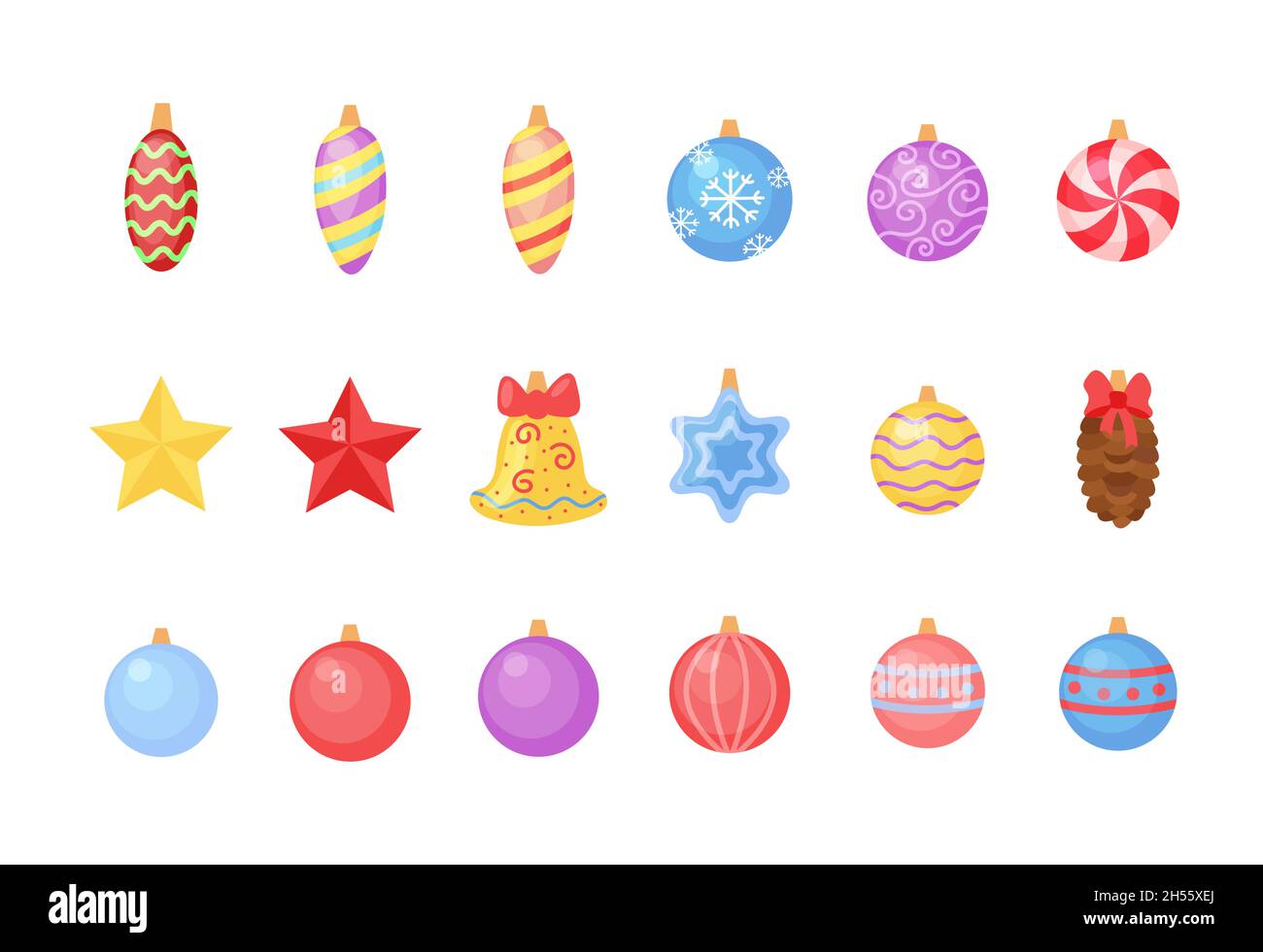 Decorazioni per albero di Natale. Set vettoriale. Palline, coni, stelle decorazioni collezione design isolato. Illustrazione Vettoriale