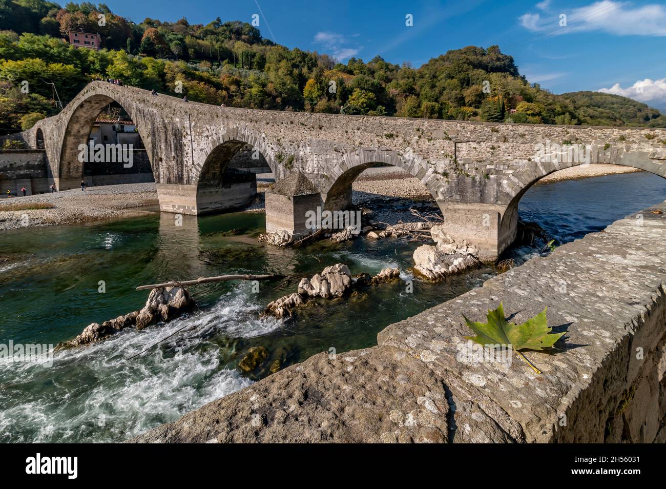 Una foglia dai colori autunnali sulla parete bassa con sullo sfondo il Ponte della Maddalena o del Diavolo, Lucca, Italia Foto Stock