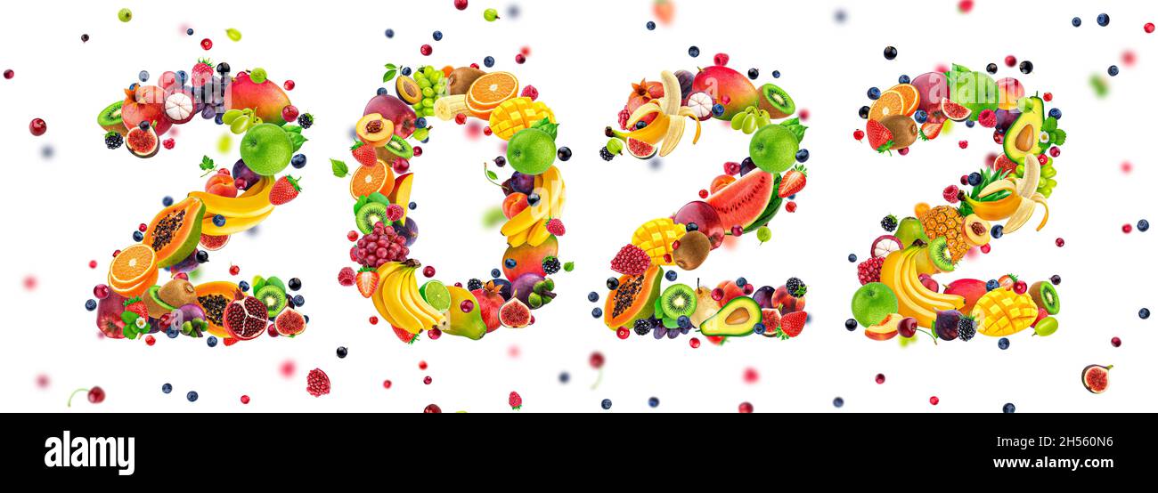 Felice anno nuovo 2022 numero fatto di frutta e bacche Foto Stock