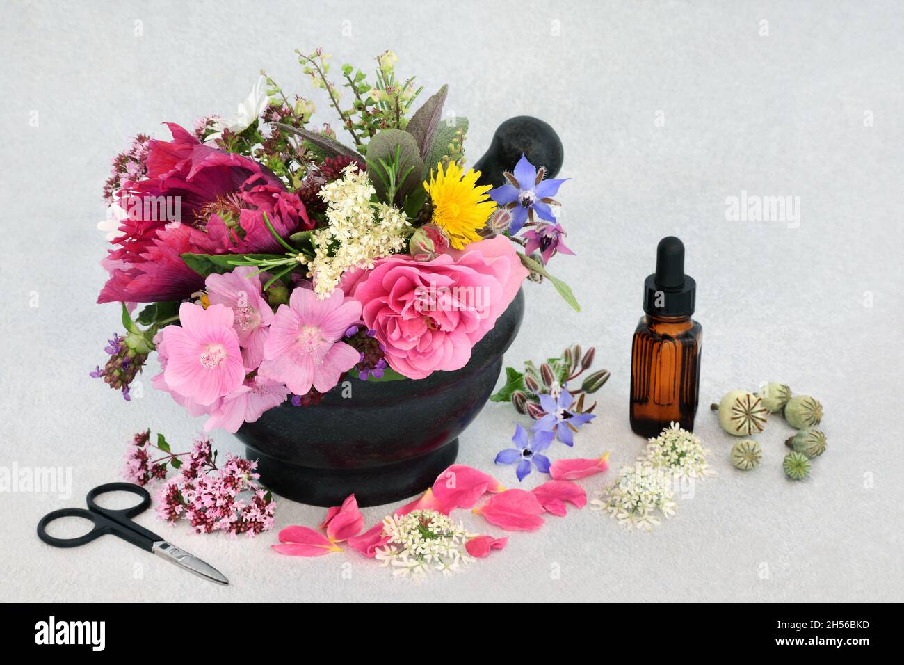 Erbe naturali curative e fiori in un mortaio con olio essenziale per i rimedi di medicina di erbe della pianta. Concetto alternativo di assistenza sanitaria di natura. Foto Stock