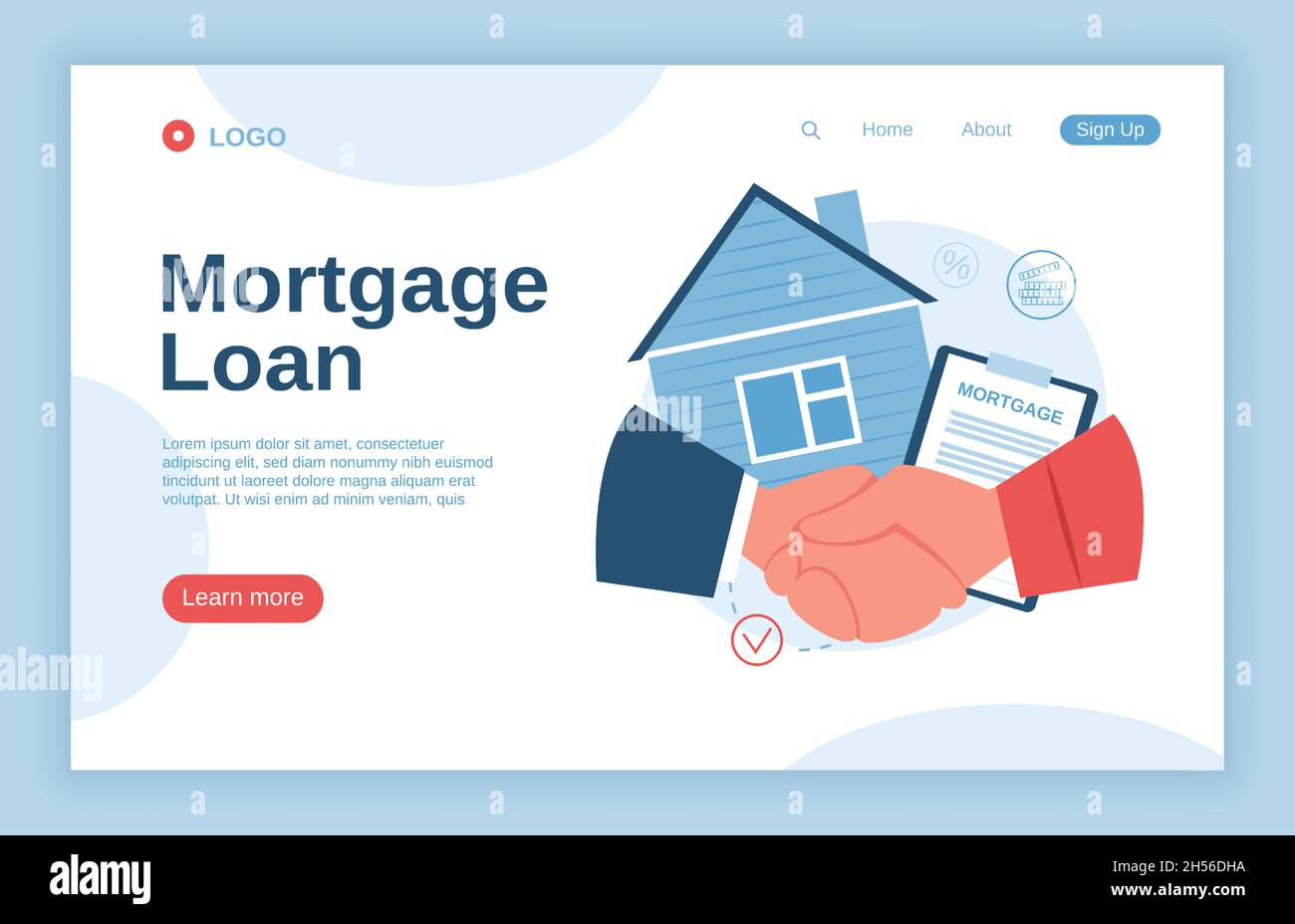 Home mutuo ipotecario, proprietà concetto landing page. Contratto di prestito della casa, investimento immobiliare, modello di fotoricettore del vettore di accreditamento della banca. Compratore che accetta l'offerta, scuotendo le mani con il realtor Illustrazione Vettoriale
