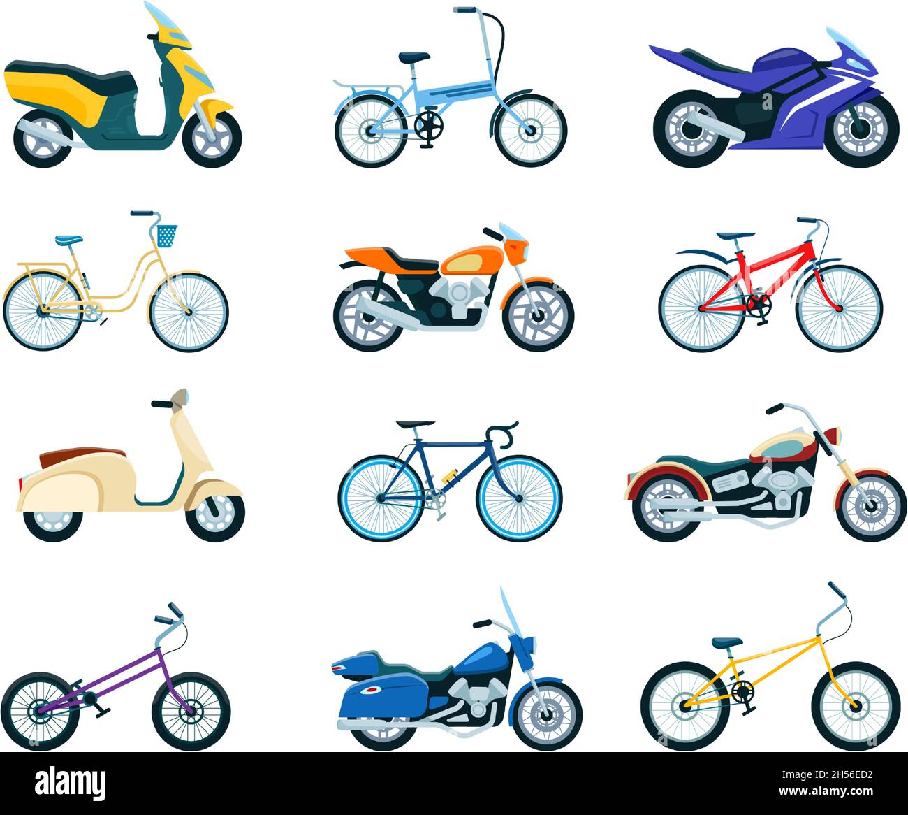 Moto e biciclette, bicicletta, moto, scooter a consegna. Vari modelli di  veicoli per motociclette, cyclette, chopper, set vettoriale piatto per bici  da strada. Spedizione di prodotti e viaggi o trasporti Immagine e