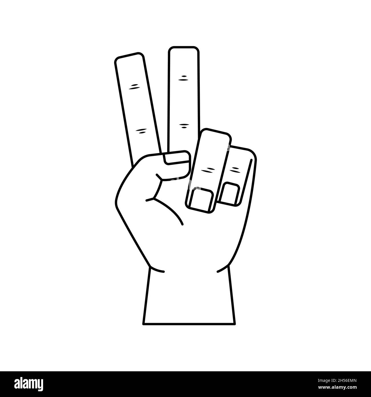 Illustrazione vettoriale dei gesti della mano - vittoria. Delineare la mano dell'uomo. Illustrazione Vettoriale