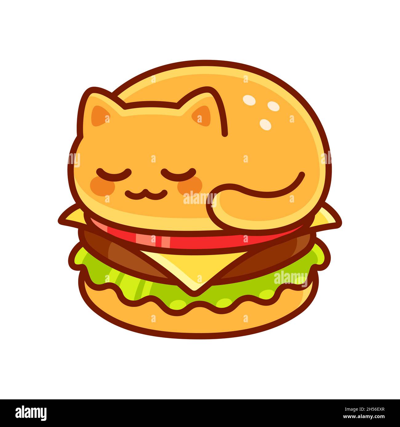 Carino gatto burger cartoon, divertente kawaii cheeseburger disegno con gatto a forma di pistola. Illustrazione grafica della clip vettoriale. Illustrazione Vettoriale