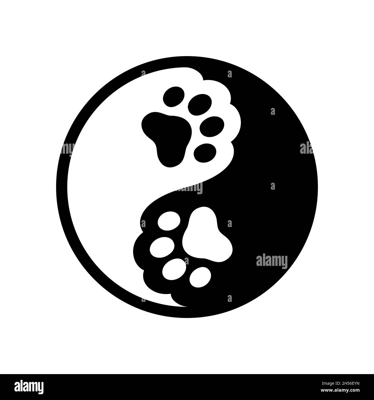 Zampa animale yin yang simbolo. Stampa di zampe di gatto o di cane in cerchio bianco e nero. Illustrazione del disegno vettoriale. Illustrazione Vettoriale