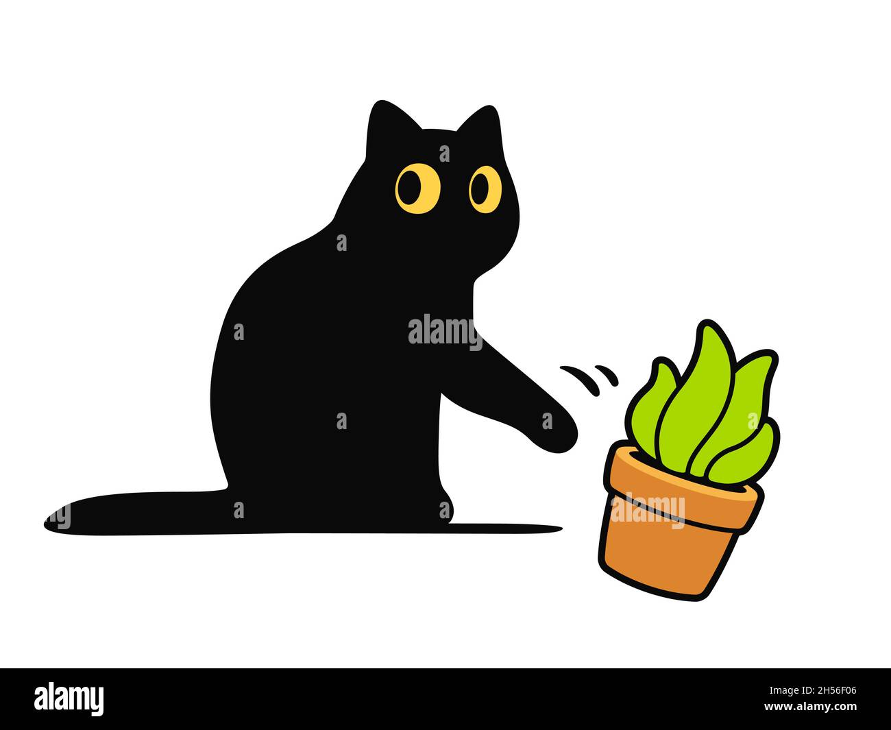 Cartoon nero gatto bussare pianta in vaso fuori tavola. Divertente gatto rompere le cose, carino illustrazione vettoriale. Illustrazione Vettoriale