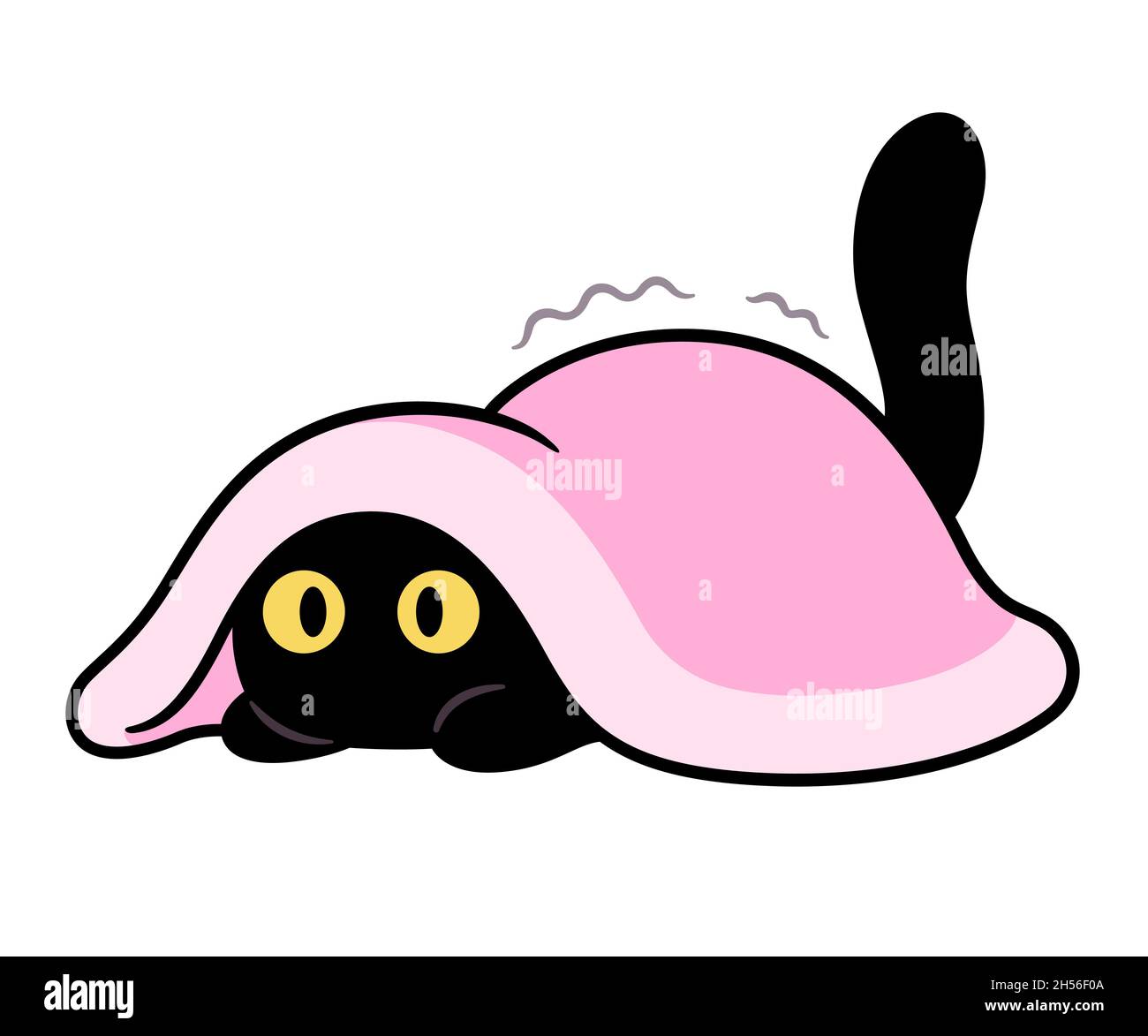Taglia i cartoni animati spaventati gatto nascondendosi sotto la coperta. Divertente disegno nero di gattino, illustrazione grafica di clip vettoriale. Illustrazione Vettoriale