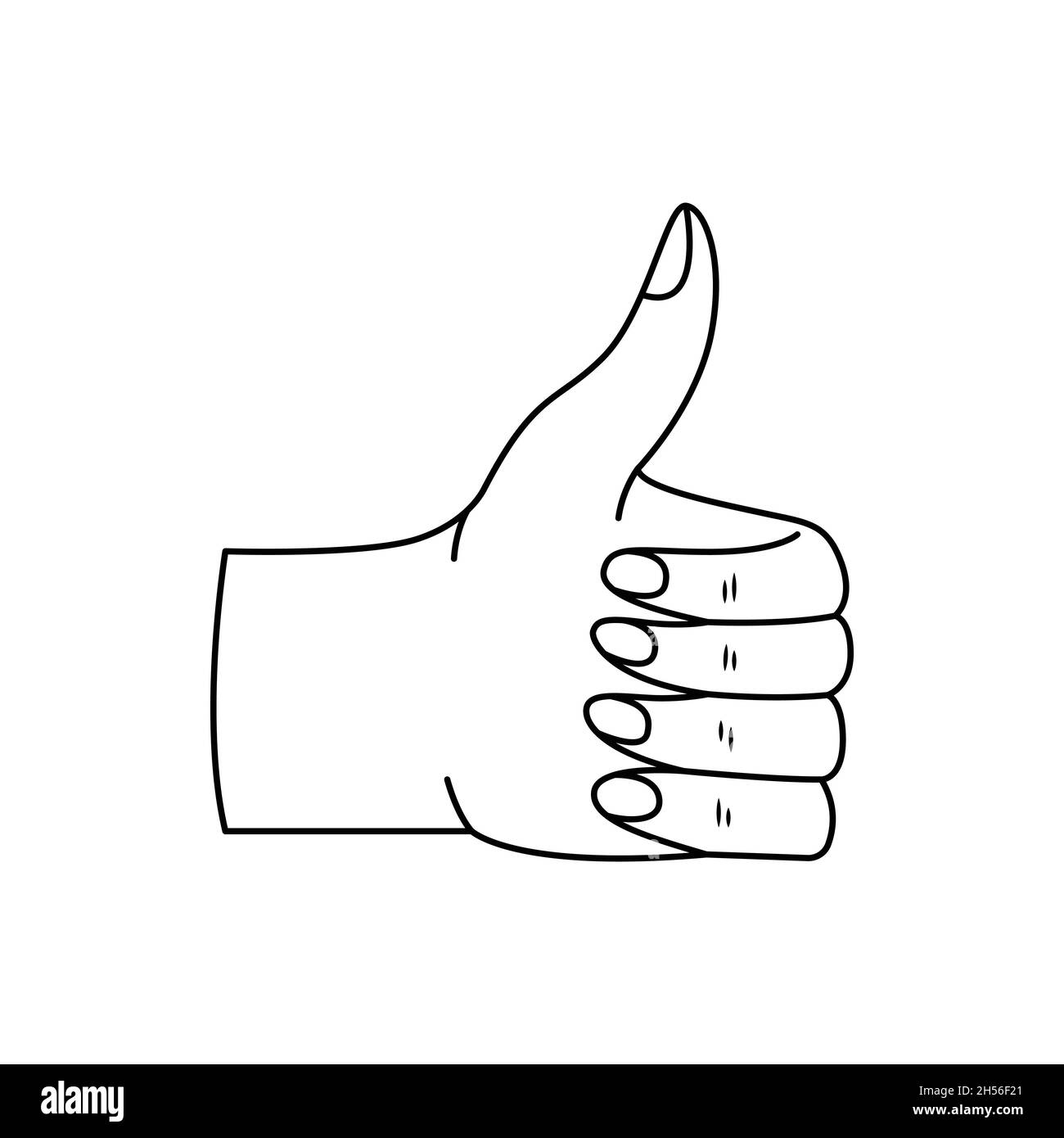 Illustrazione vettoriale di un segno di gesto - pollici in alto, raccomandazione. Contorno mano donna Illustrazione Vettoriale