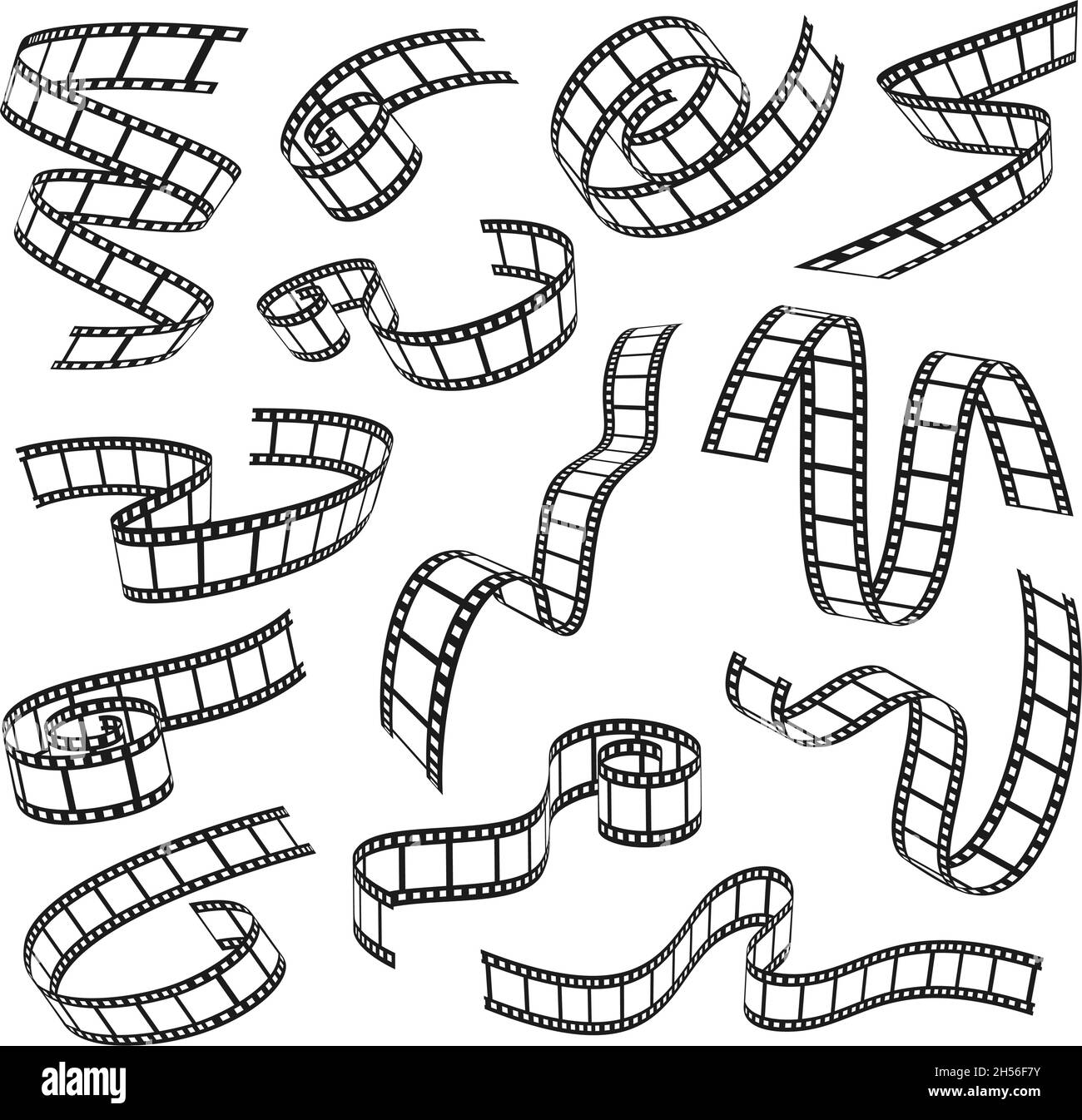 Pellicola strip, film roll tape, video reel silhouette cinema. Vecchi rotoli arricciati, foto vintage o nastri di film, film registra set vettoriale. Frammenti di telaio curvati per la cinematografia Illustrazione Vettoriale