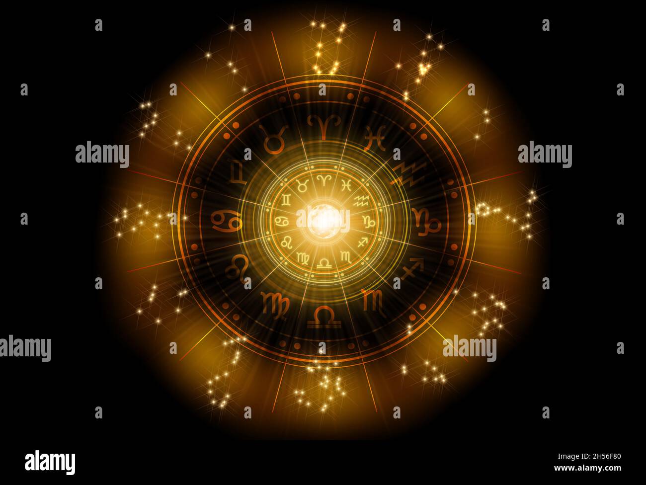 Segni zodiacali all'interno del cerchio dell'oroscopo. Astrologia nel cielo con molte stelle e lune astrologia e oroscopi concetto. Foto Stock