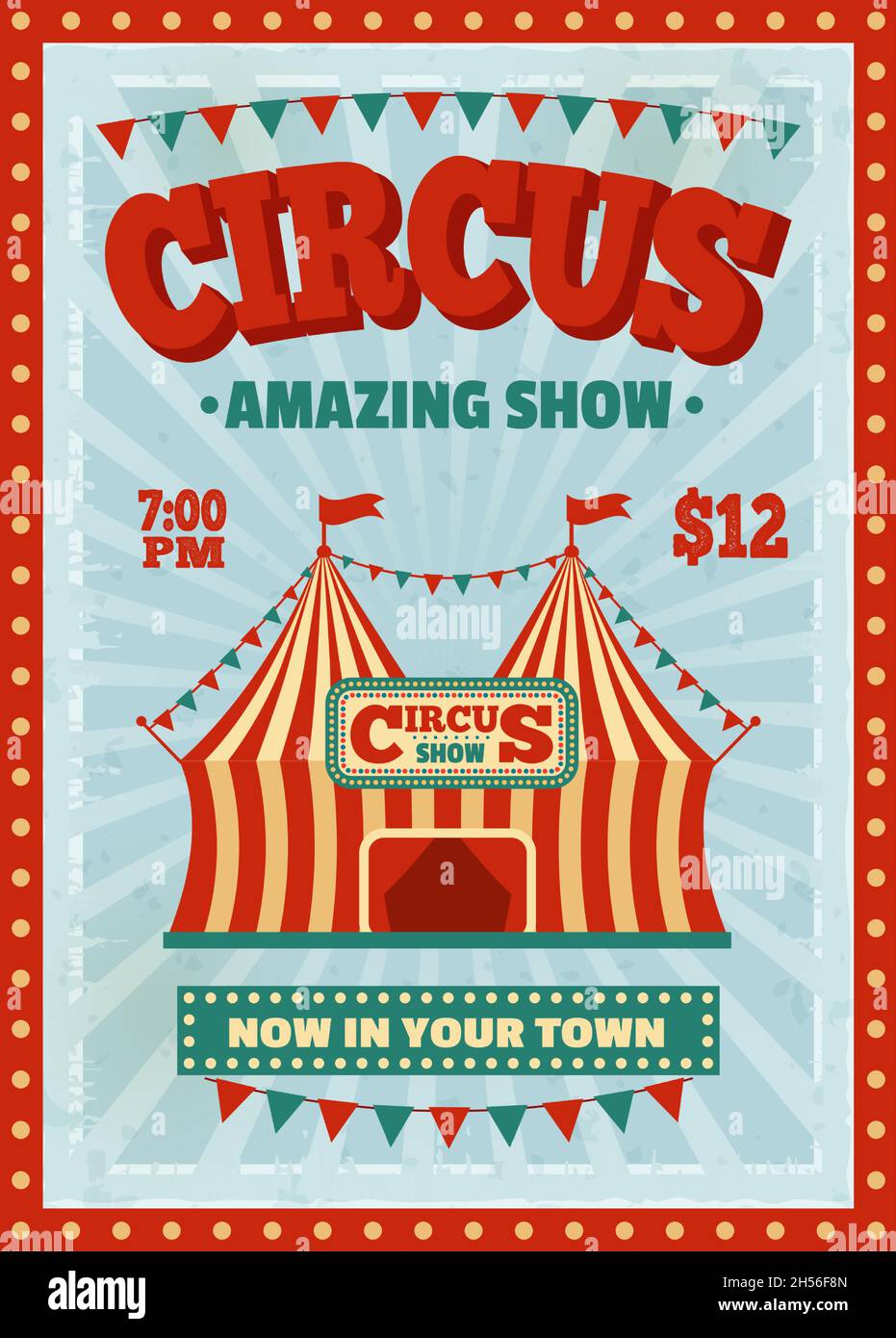 Modello poster del circo d'epoca, volantino di invito per il funfair. Retro incredibile spettacolo magico invito banner, evento carnevale annuncio vettore illustrazione. Spettacolo o pubblicità festival Illustrazione Vettoriale