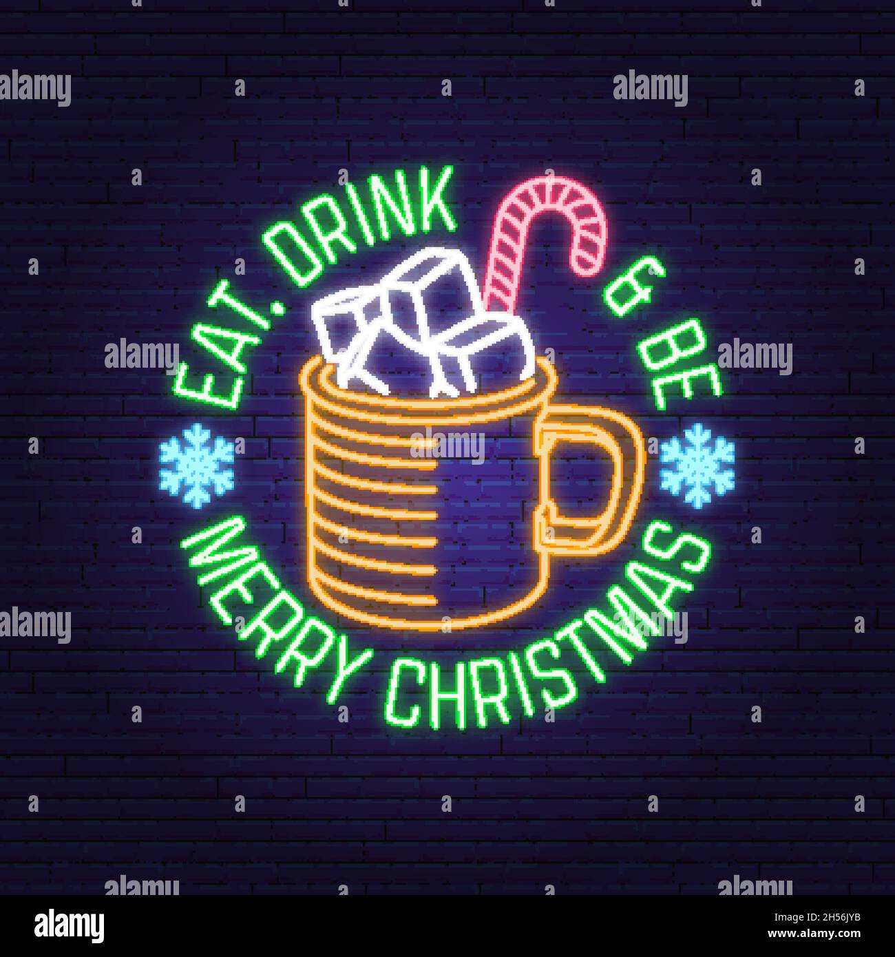 Mangiare, bere e essere allegro Natale al neon segno con tazza di cioccolata calda con marshmallows. Illustrazione vettoriale. Grafica tipografica vintage per Natale, novità Illustrazione Vettoriale