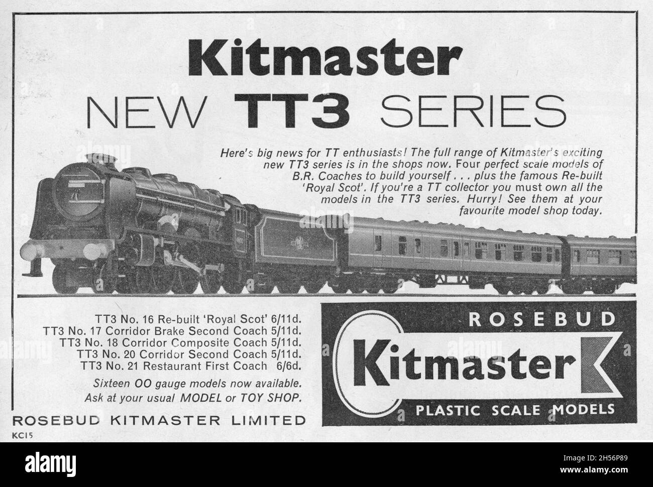 Kit di modelli in plastica Rosebud Kitmaster, pubblicità a mezza pagina. Locomotiva Royal Scot e modelli mostrati. "Ora nei negozi..." Settembre 1960 Foto Stock