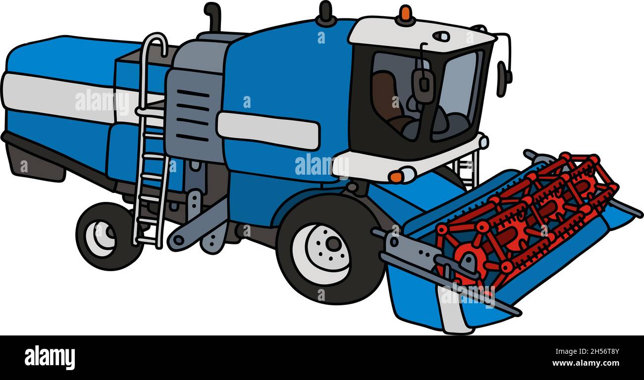 Disegno manuale di una trebbiatrice blu Illustrazione Vettoriale