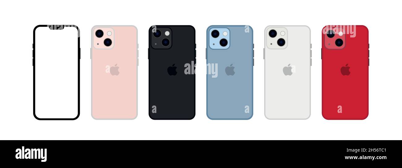 Set di mockup iphone 13 mini tutti i colori. Isolato su bianco Illustrazione Vettoriale