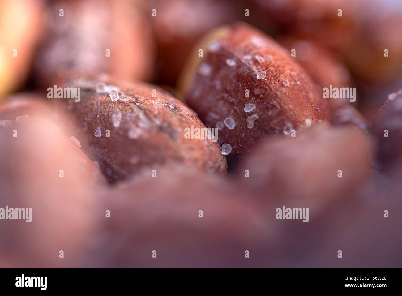 Grani di sale in piedi su arachidi salate arrostite Foto Stock