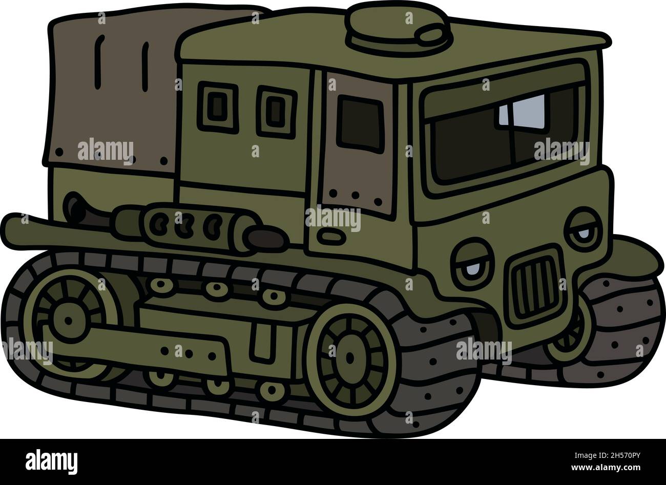 Disegno a mano di un divertente trasportatore cingolato militare khaki vintage Illustrazione Vettoriale